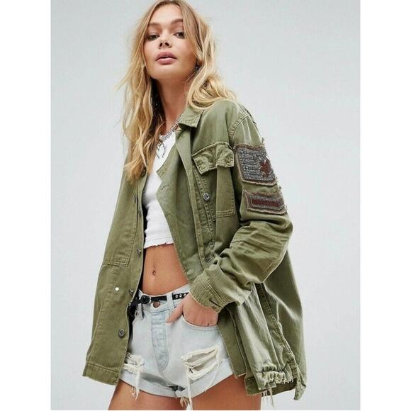 Free People Utility Green Jacket Embellished Military Style Women's M - Picture 1 of 11